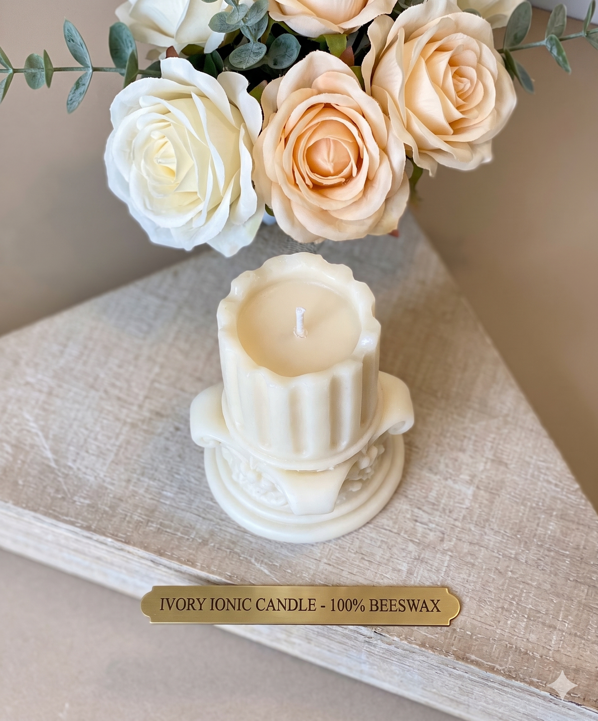 Romano Pillar Sculpture Candle – Hand-Poured Soy Wax | Ivory & Brown
